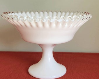 Vintage Fenton Silver Crest Milk Glass Crimped Pedestal Compote Candy Dish Bowl