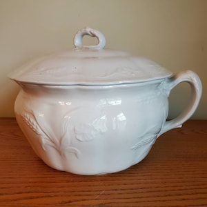 May include: White ceramic serving dish with a lid and handle. The dish features embossed floral and wheat stalk designs. The lid has a loop handle. The dish is sitting on a wooden surface.