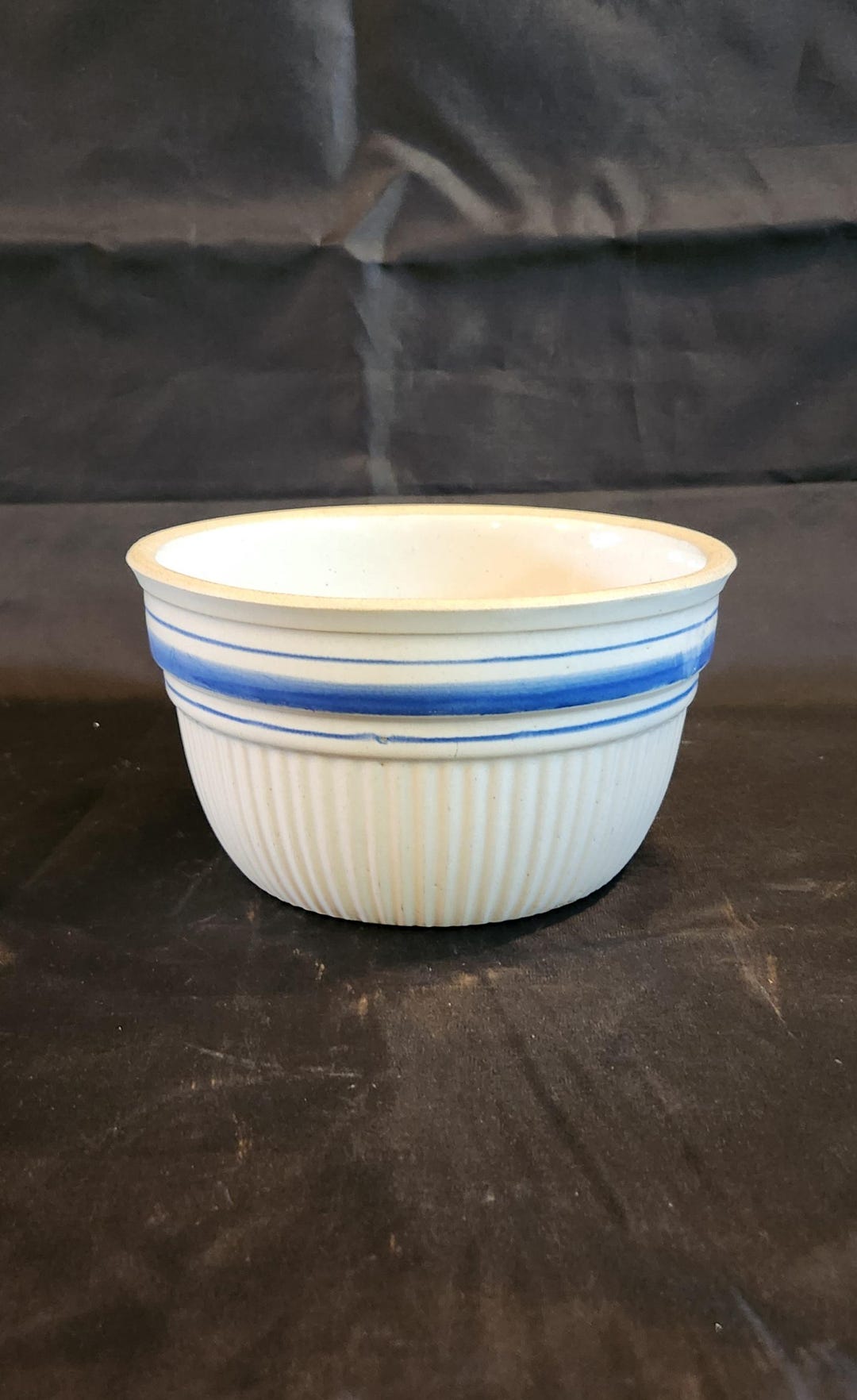 Antique Stoneware Blue Stripe Ribbed Bowl 7-1/4
