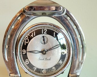 Vintage 1930s Art Deco Chrome Lux Good Luck Horseshoe Clock Non