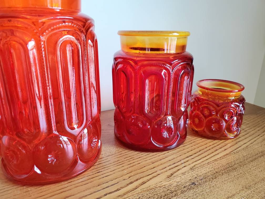 Vintage Glass Canister Set of 3 L.E. Smith Moon & Stars Red