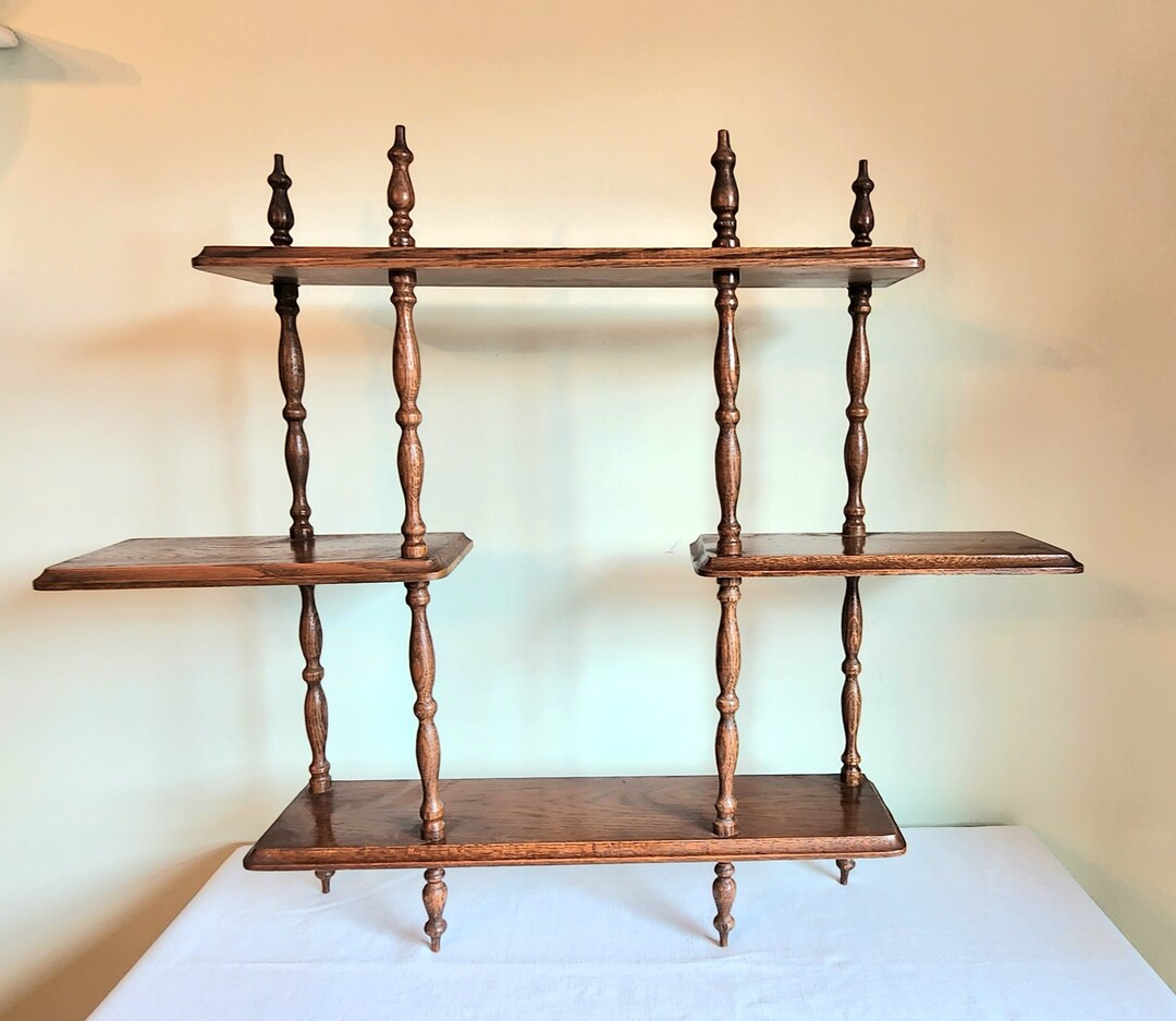 Vintage 3 Tier Wood Shelf Spindle Design Mid Century Wall Etsy