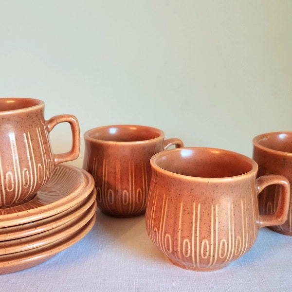 Vintage Red Wing Dinnerware Ceramastone Burnt Orange Cups and Saucers, Set of 4 Mugs