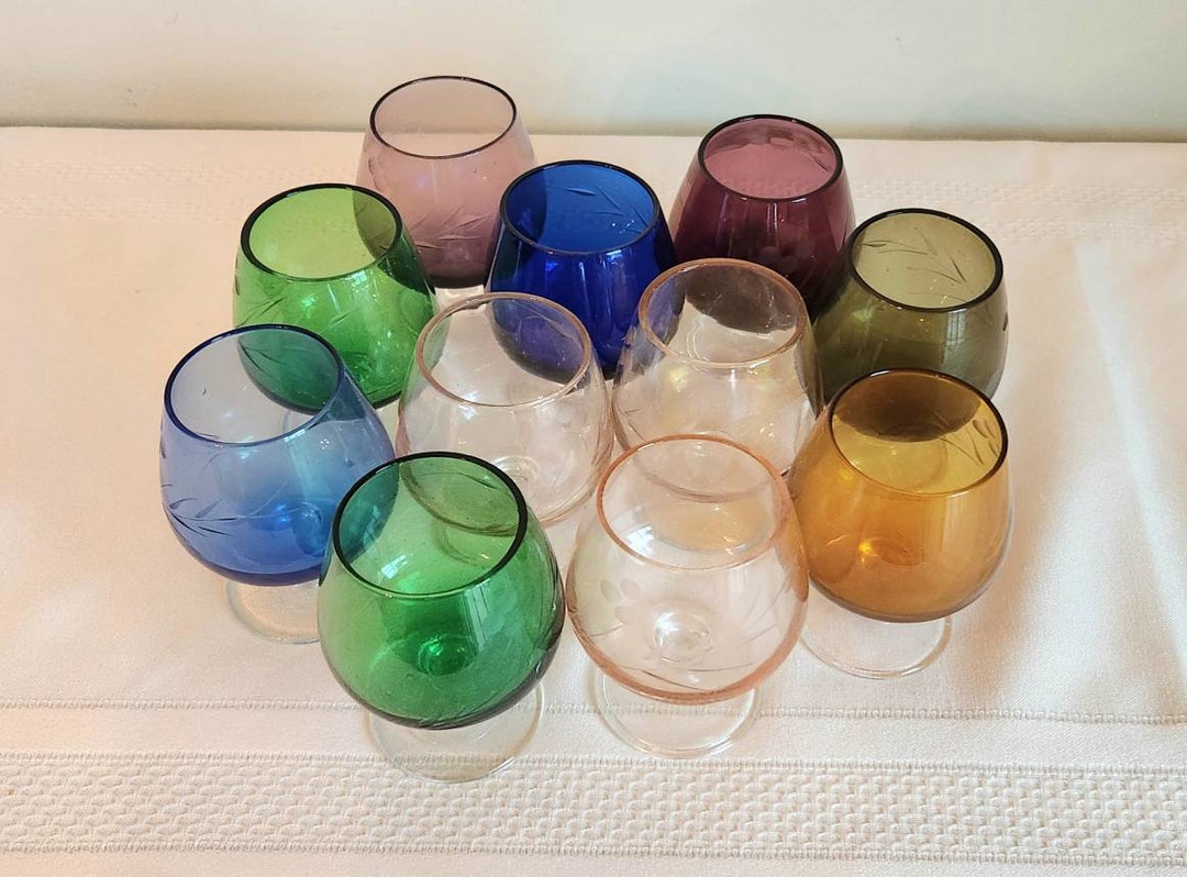 Vintage Etched Colored Small Brandy Snifters Shot Glasses Set of 9 Etsy