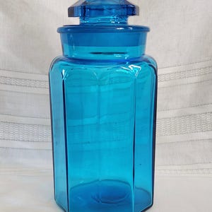 Vintage Large Glass Canister L.E. Smith 10 Panel Teal Turquoise Blue Storage Jar