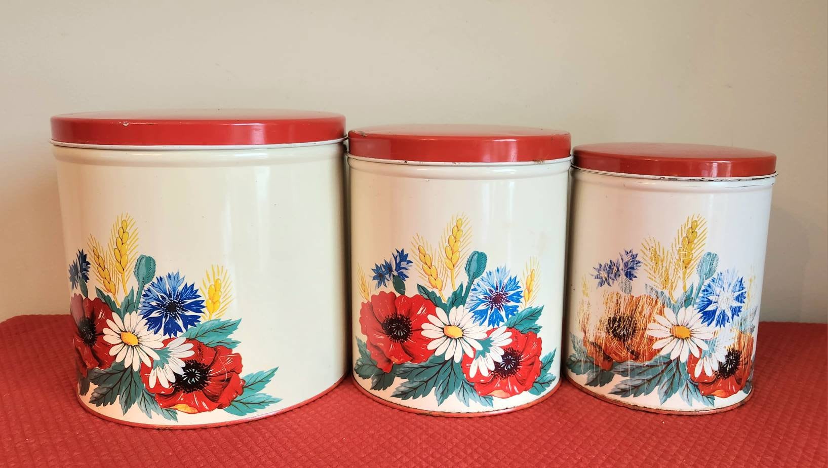Mid Century Tin Canisters Set of 3 Red Floral Metal Jars