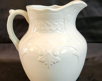 Large Farmhouse Ivory White Stoneware Water Pitcher Heavy