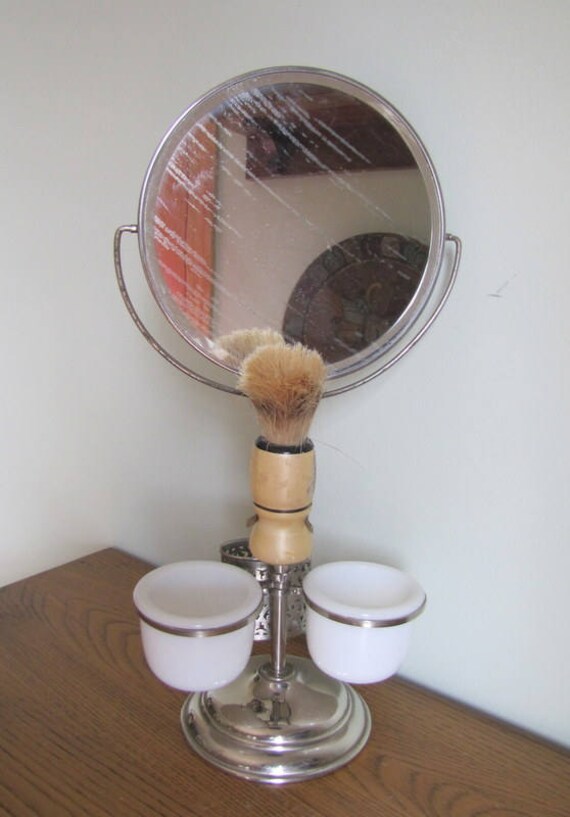 Vintage Antique Table Top Shaving Mirror Stand With Milk Glass