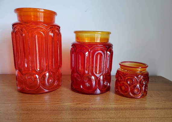 Vintage Glass Canister Set of 3 L.E. Smith Moon & Stars Red