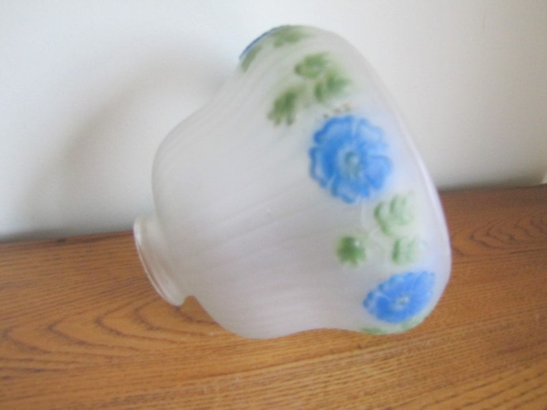 Antique Embossed Ribbed Satin Glass Reverse Painted Lamp Shade Blue ...