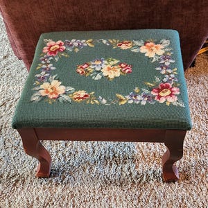 Vintage Needlepoint Wood Foot Stool, Teal Green with Floral Design, Ottoman
