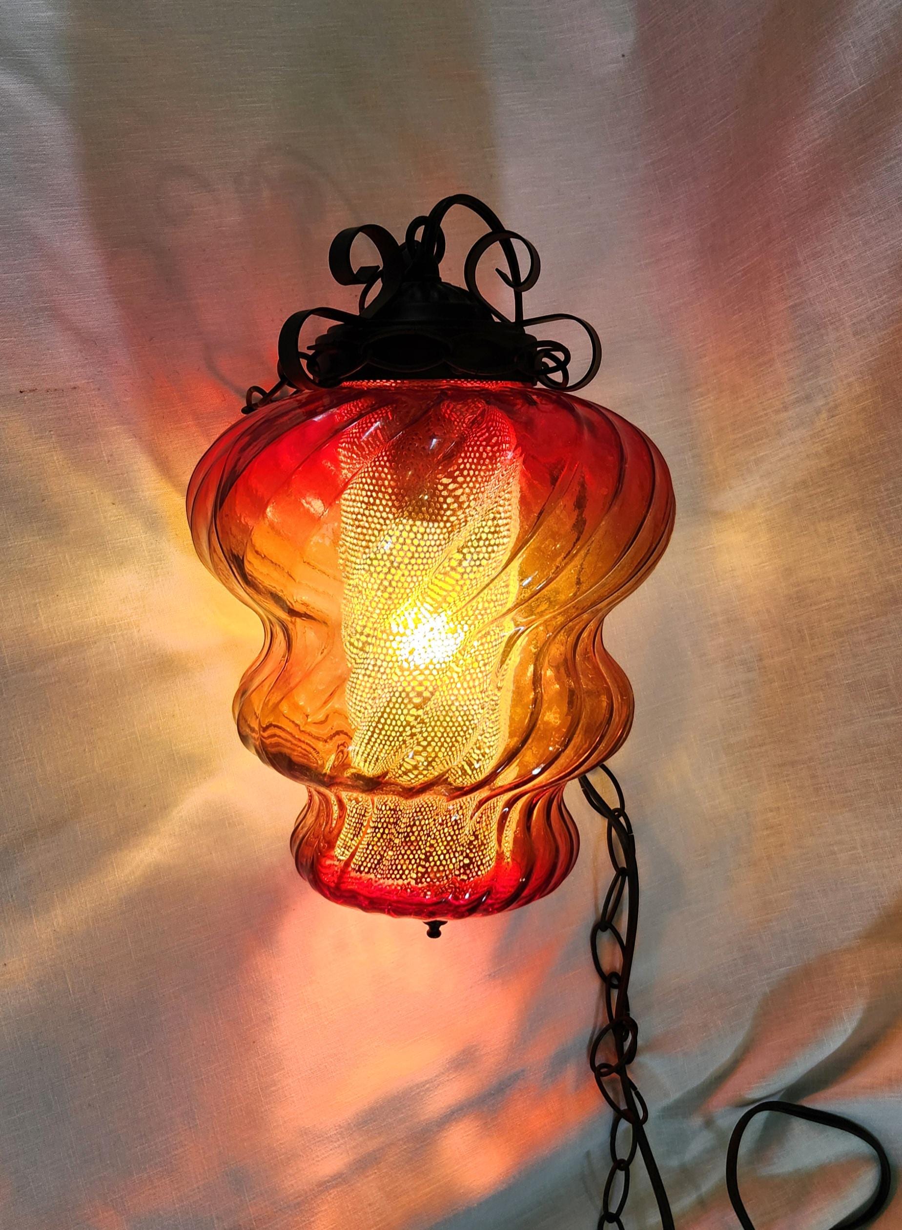 工芸品 Amberina Red amber Lamp Shade Vintage Red Orange Amberina Glass Ruffled Lamp Light Glass