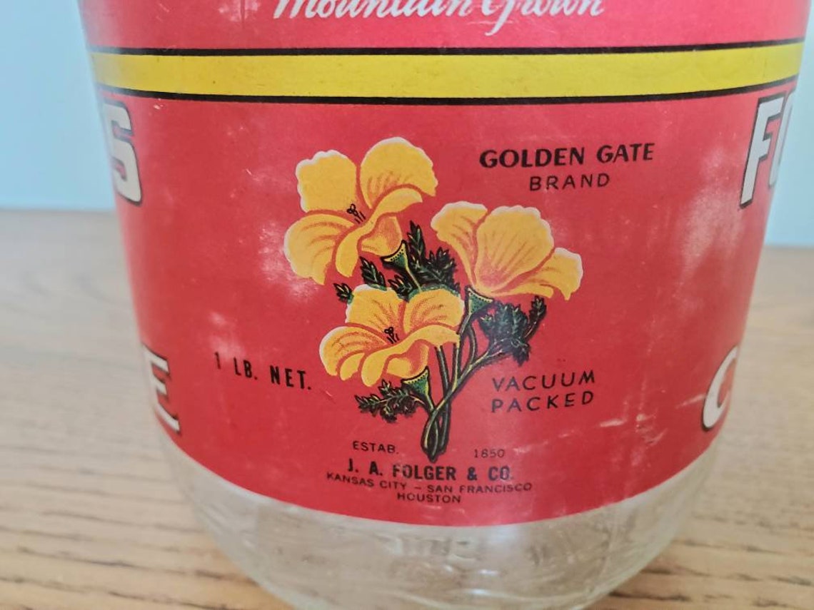 Vintage Folgers Coffee Jar with Paper Label Embossed Mountains Etsy