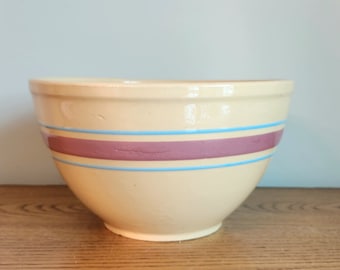 WATT Farmhouse 9" Mixing Bowl Yellow Ware Bowl Blue Pink Stripes Yellowware Pottery