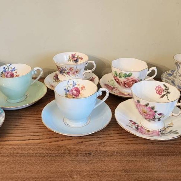 Vintage Tea Cups and Saucers Variety of Patterns, Royal Grafton, Paragon, Queen Anne, Adderley, England Bone China