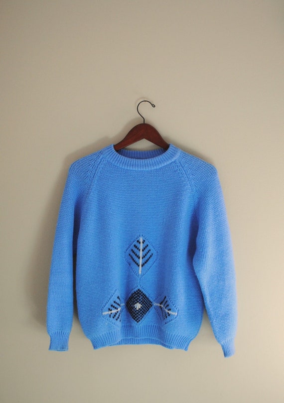 60s Periwinkle Blue Sweater, Apres-Ski Crew Knit, 