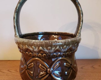 Vintage Hull Art Pottery Planter Embossed Basket with Handle Brown and Olive Green USA