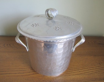 Mid Century Buenilum Hand Wrought Ice Bucket  Silver Aluminum Stoneware Insulated  50s 60's Bar Decor