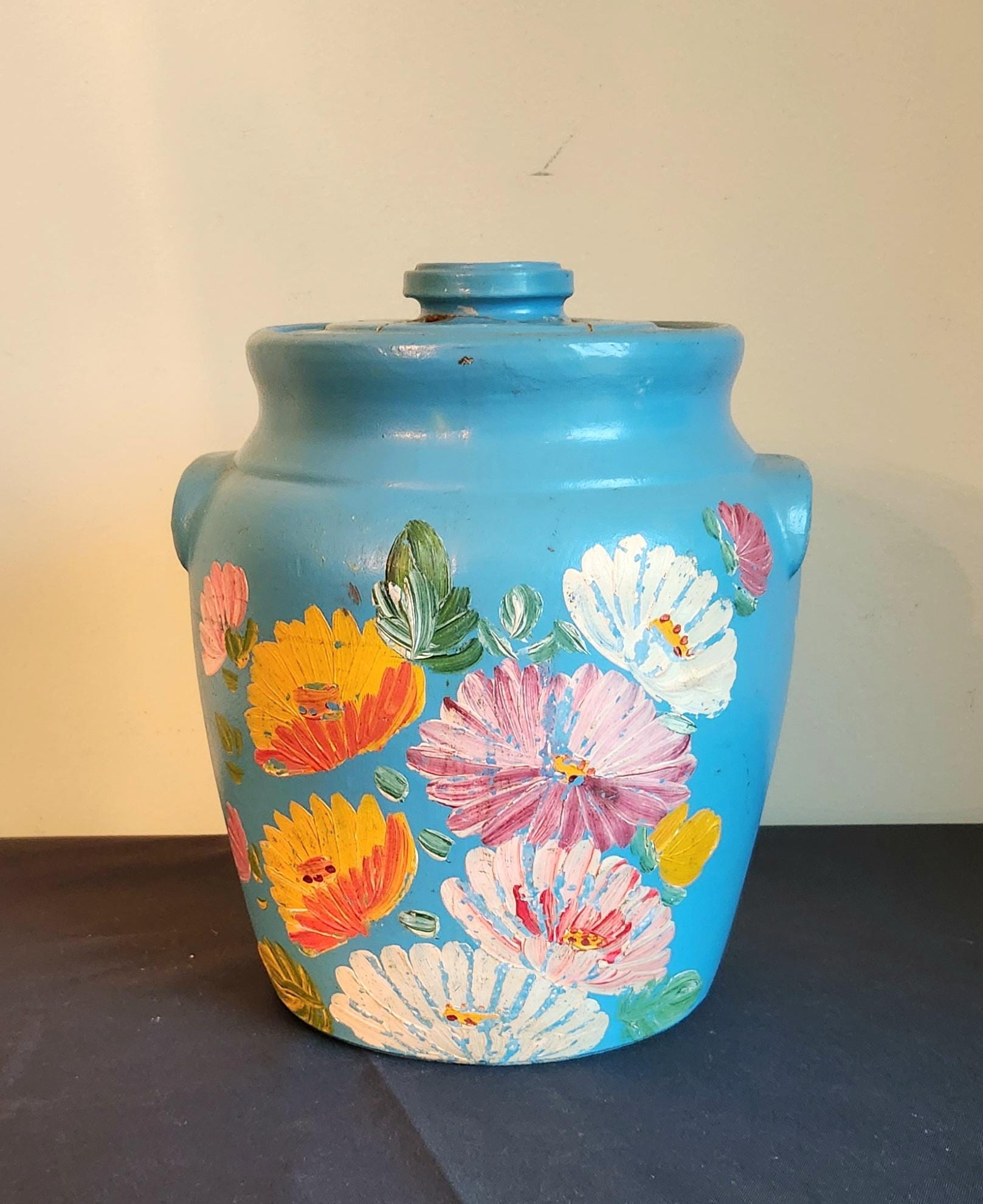 Vintage Ransburg Stoneware Cookie Storage Jar Crock Blue With Hand