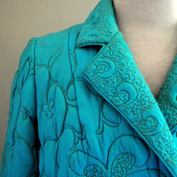 Vintage 1950s Aqua with Gold Stitching Quilted Evening Coat, Yellow Lining, Ladies S