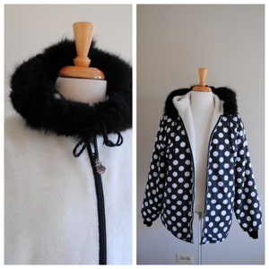 Vintage Faux Fur Winter Jacket, Reversible Black & White Polka Dots, Hood w/Fur, Winter Fun