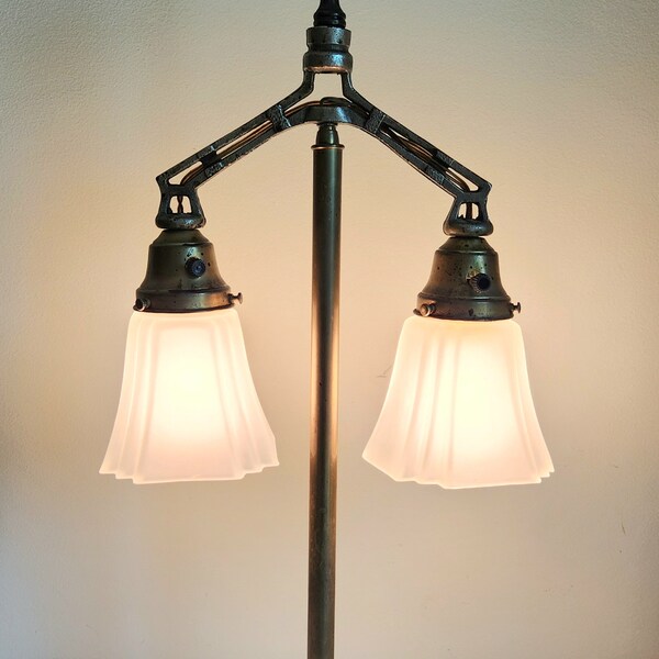 Vintage Cast Iron 2 Arm Table Lamp with Decorative Base and Finial Base  Square Frosted Glass Shades WORKS