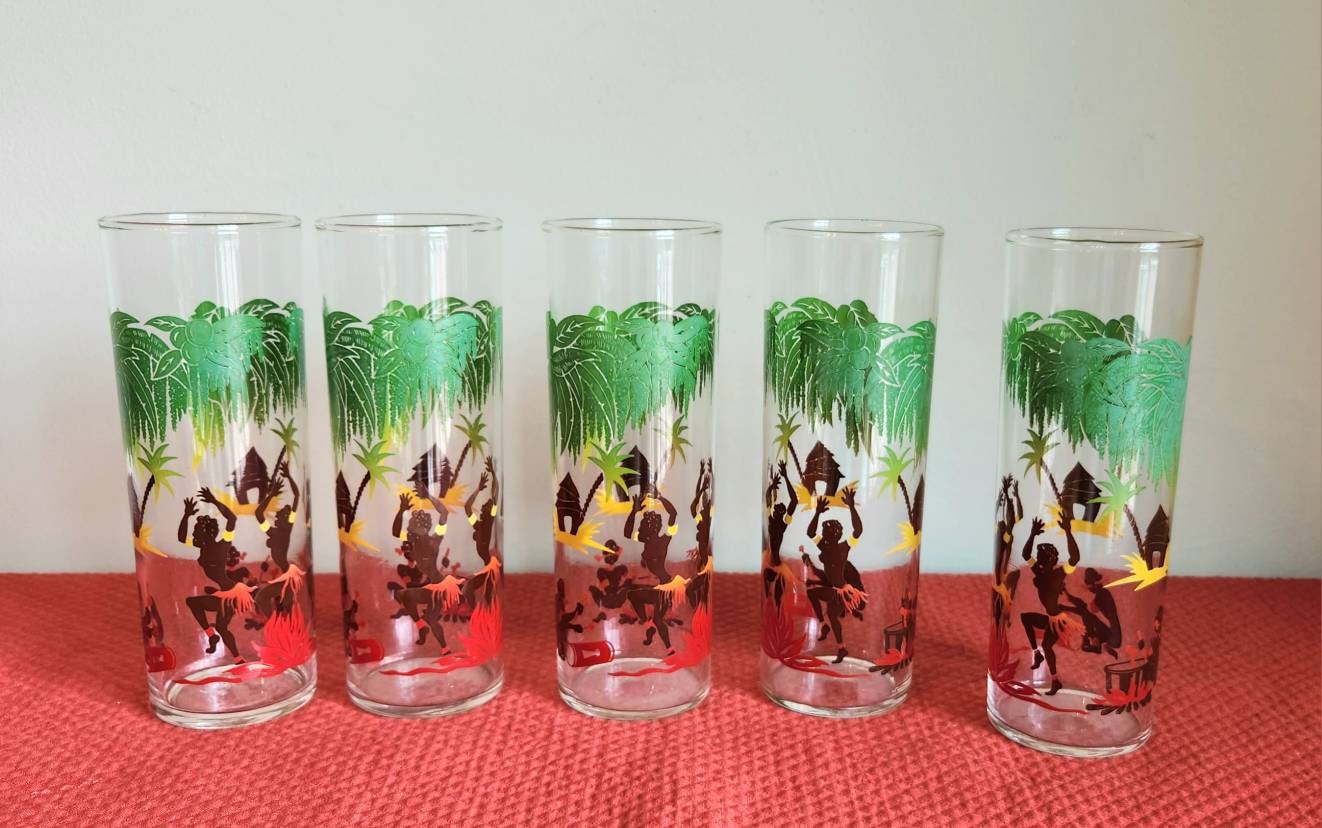 Set of 4 Federal Frosted Tom Collins Glasses Fish Designs 6-3/4 Tall - 15  fl oz