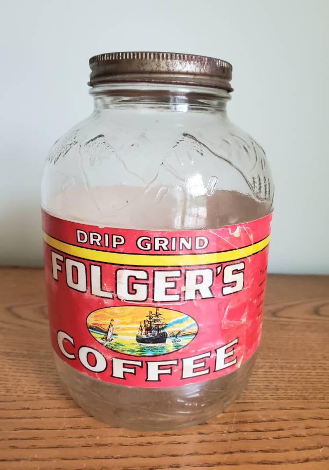 Vintage Folgers Coffee Jar With Paper Label Embossed Mountains - Etsy  Australia