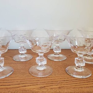 Vintage Champagne Tall Sherbet Goblets, Martini Glasses Mid Century, Floral Etched Cube Stemmed Glasses Set of 7
