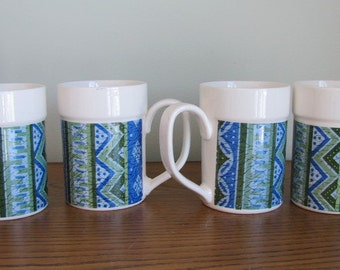 1965 Holt Howard Mugs Turquoise Green Mod Retro Set of 4 in Original Box Mid Century Modern