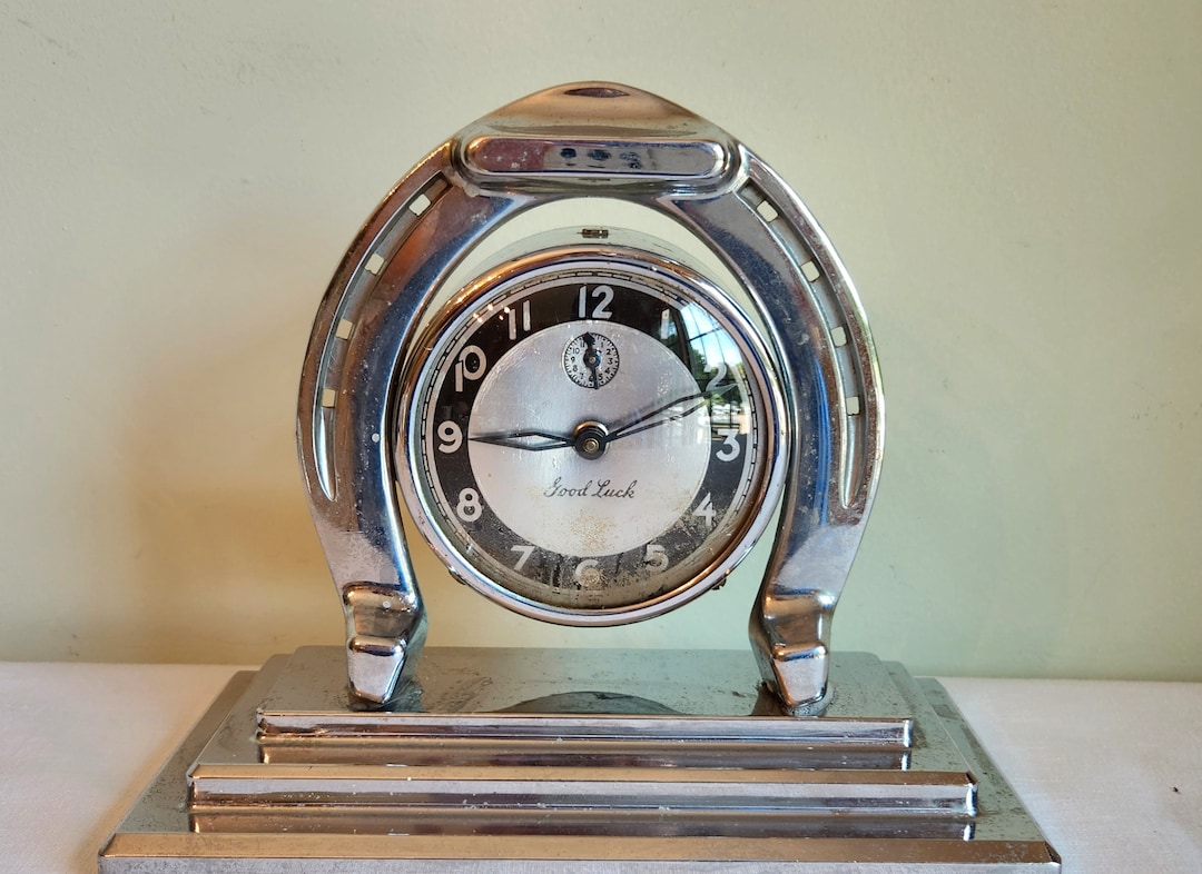 Vintage 1930s Art Deco Chrome Lux Good Luck Horseshoe Clock Non