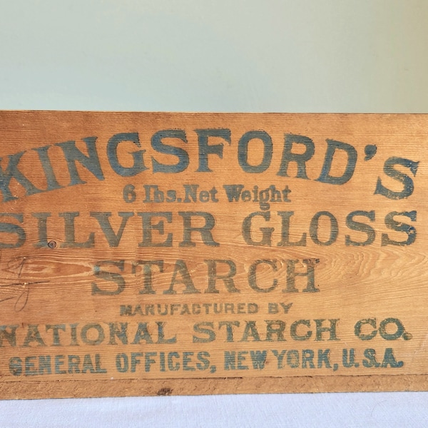 Antique Kingsford Silver Gloss Starch Wood Crate Box Shipping Crate