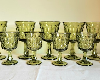 Vintage Noritake Perspective Olive Green Goblets, 5 Water and 6 Wine Pedestal Stemmed Glasses MCM