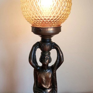 Vintage Art Deco Cast Metal Figurine Lamp with Amber Glass Globe