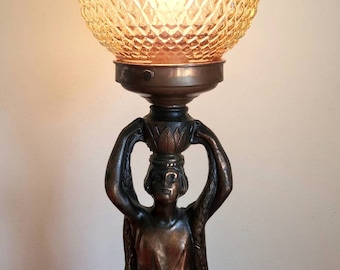 Vintage Art Deco Cast Metal Figurine Lamp with Amber Glass Globe