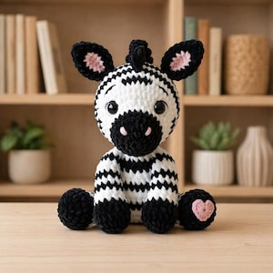 Op de afbeelding: Een handgemaakt gehaakt zebra knuffel. De zebra heeft een zwart-wit gestreept lichaam, zwarte oren met roze binnenkant en een zwarte manen. De knuffel heeft een roze neus en een hart op een van zijn voeten. Het speelgoed staat op een houten oppervlak.