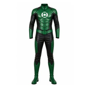 May include: A full-body Green Lantern costume featuring a black and green jumpsuit with a high collar, long sleeves, and integrated boot covers. The chest displays a prominent white circular Green Lantern emblem on a textured green panel.
