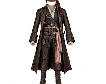 Puede incluir: Un disfraz de pirata que incluye un abrigo largo de aspecto de cuero marrón, un chaleco oscuro con estampado, una camisa color crema y pantalones marrones. Los accesorios incluyen un sombrero de tres picos con pañuelo rojo, cinturón con hebilla y botas.