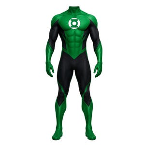 Può includere: Un costume da supereroe di Green Lantern a corpo intero caratterizzato da una vivace combinazione di colori verde e nero. La tuta include un colletto alto, maniche lunghe e guanti e stivali integrati. Un emblema circolare bianco è sul petto.