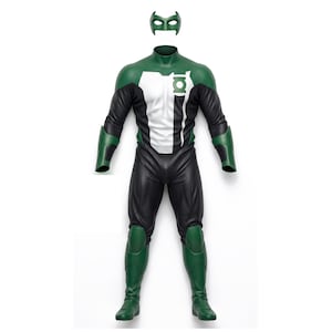 May include: A Green Lantern costume featuring a long-sleeved jumpsuit with a white chest panel, black sleeves and pants, and green accents on the shoulders, forearms, and shins. A circular green logo is on the chest, accompanied by a matching green mask.