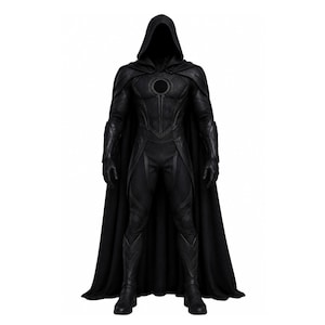 May include: A full-body black costume featuring a hooded cape, a fitted long-sleeve top with a circular chest emblem, matching trousers, gloves, and boots. The ensemble is constructed with textured panels and structured armor-like detailing.