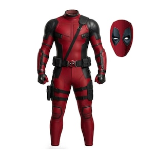 May include: A red and black tactical bodysuit featuring a utility belt with a circular buckle, shoulder pads, forearm guards, and leg straps. A separate red and black full-face mask with white eye lenses is positioned to the right of the suit.