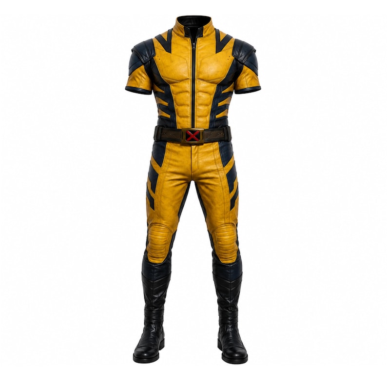 Puede incluir: Un mono de manga corta en color amarillo y azul marino con cuello alto, cremallera frontal y un cintur&oacute;n marr&oacute;n con una hebilla en forma de X roja. La prenda presenta paneles texturizados en el pecho, hombros y rodillas, junto con botas negras.