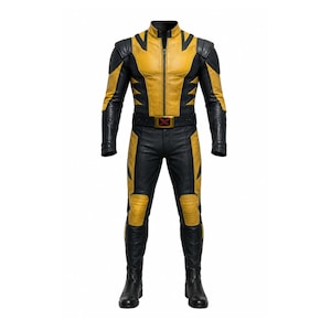May include: A full-body leather suit featuring a yellow and black colour scheme with a high collar, long sleeves, and a front zip. The suit includes a black belt with a gold and red X-shaped buckle, reinforced shoulder panels, and knee padding.