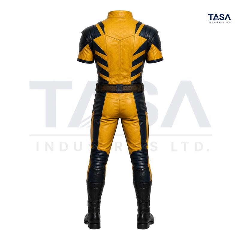 Puede incluir: Un mono de manga corta en color amarillo y azul marino con cuello alto, hombreras y un cintur&oacute;n oscuro en la cintura. La prenda incluye detalles acanalados en las rodillas y se combina con botas negras. Texto TASA INDUSTRIES LTD.