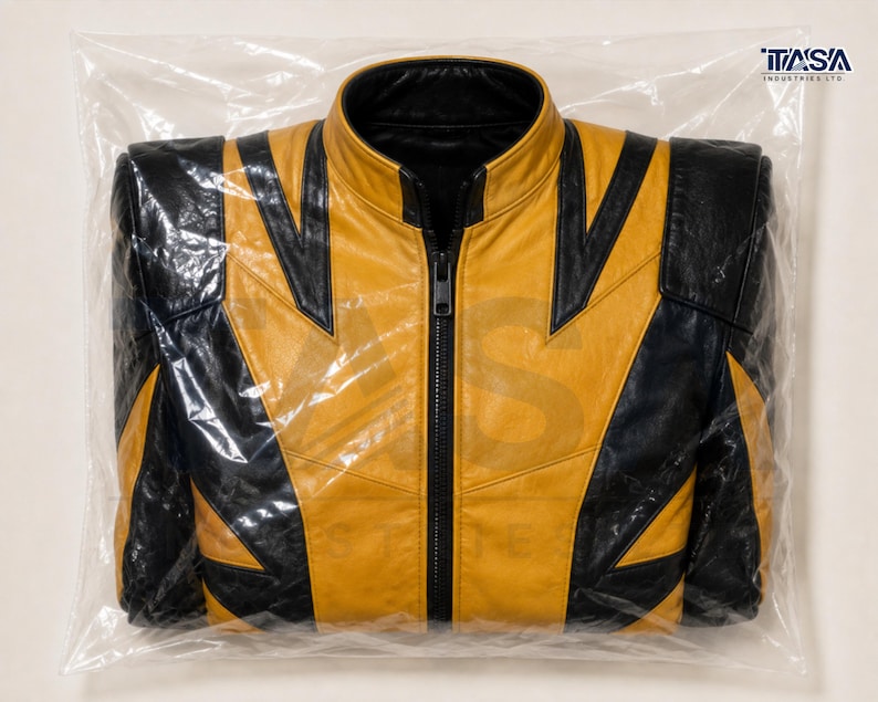 Puede incluir: Una chaqueta de cuero amarilla y negra con cuello alto y cierre de cremallera central negro. La chaqueta presenta un patr&oacute;n geom&eacute;trico de bloques de color con paneles negros sobre los hombros y el pecho. El texto ITASA INDUSTRIES LTD es visible.