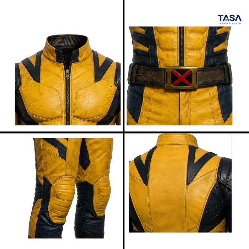 Puede incluir: Un traje de cuero amarillo y azul marino que incluye una chaqueta de cuello alto con cremallera, un cintur&oacute;n con una hebilla en forma de X roja y paneles reforzados en las rodillas. La prenda presenta un acabado texturizado y costuras estructuradas.
