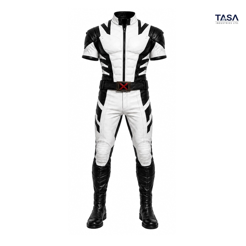 Puede incluir: Un mono blanco y negro de manga corta con cremallera central, detalles acolchados en el pecho y un cintur&oacute;n negro con una hebilla en forma de X roja. La prenda incluye paneles negros en los hombros y botas negras a juego. Logo TASA INDUSTRIES LTD. visible.