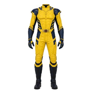 Puede incluir: Un mono de cuerpo entero en amarillo y azul marino con hombreras estructuradas, mangas largas y guantes a juego. El traje incluye un cinturón con una hebilla central roja y negra, paneles reforzados en las rodillas y botas azul marino con correas.