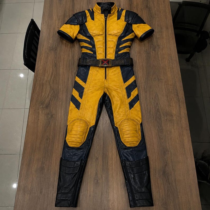 Puede incluir: Un mono de manga corta con un dise&ntilde;o de colores amarillo vibrante y azul marino oscuro con acabado texturizado. La prenda incluye una cremallera frontal central, un cintur&oacute;n con un emblema de X roja y refuerzos acolchados en las rodillas.